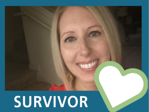White woman smiling inside frame that says "Survivor".