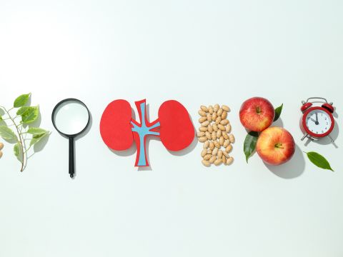 Picture of kidney drawing with food, magnifying glass and clock. 