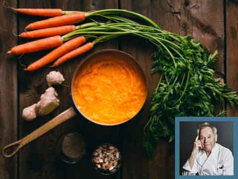 Image of ginger carrot soup and Chef Wolfgang Puck