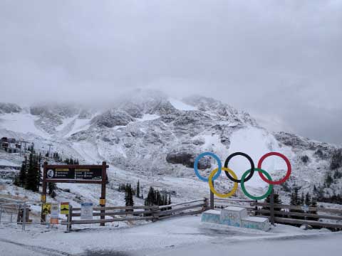 Olympics rings with winter background.