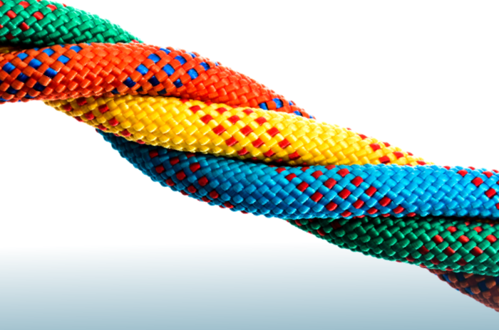 Colorful ropes twisted together. 