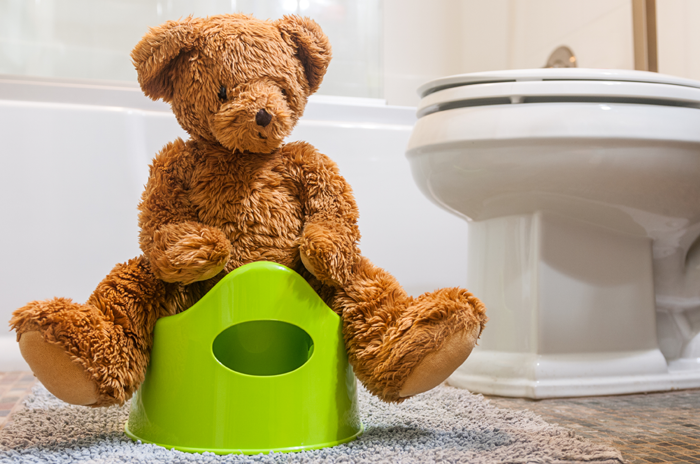 Teddy bear sitting on kid's potty in the bathroom. 