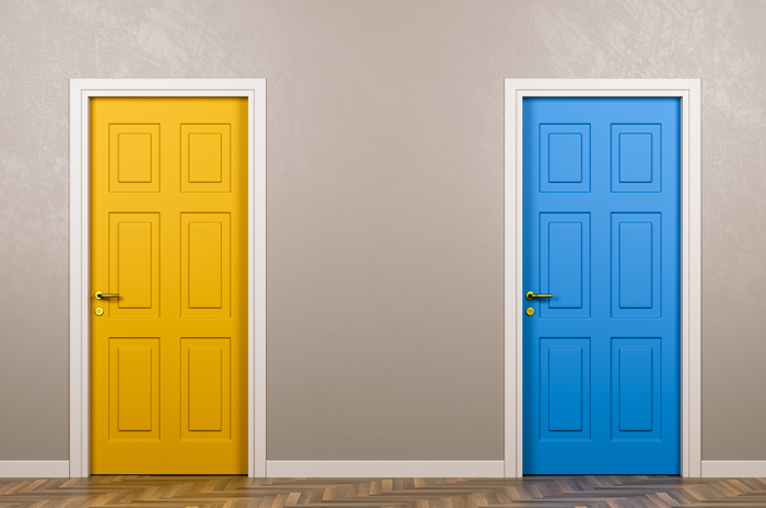 Yellow door and blue door next to each other. 